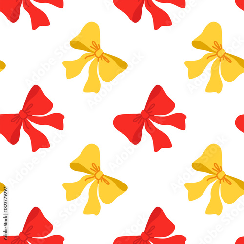 Seamless pattern with cute red and yellow bows in bright cartoon flat style. Vector illustration of ribbon bow elements arranged in repeating design on white background.