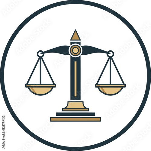 An illustration of a classic balance scale, often symbolizing justice and fairness, depicted in gold and dark blue within a circular frame.