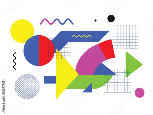 Geometric Composition with Vibrant Shapes and Grid Pattern