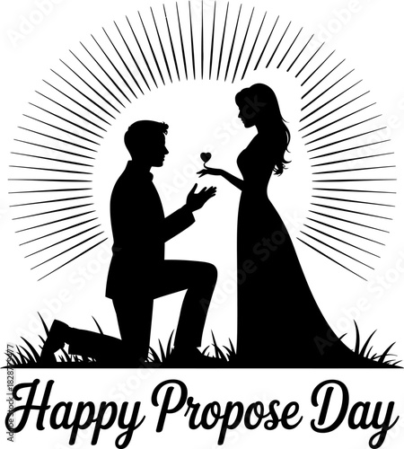 Man proposing to woman with heart silhouette and sunburst proposal engagement