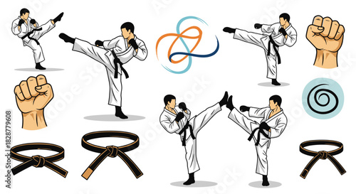 A complete set of karate and martial arts illustrations including fighters in various poses fists and black belts for design.