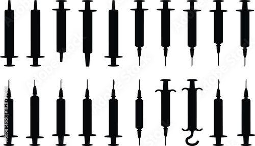 Collection of Syringe and Needle Silhouettes, Various Sizes and Medical Devices, Black Vector Graphics for Vaccination, Injection, Drug Delivery, Health Care, and Pharmacy Concepts on White.
