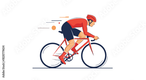Modern flat design illustration of a professional male cyclist in red gear riding a racing bicycle at high speed.
