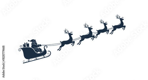 Classic silhouette of Santa Claus riding his sleigh pulled by a team of reindeer flying across a clean white background.