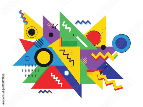 Vibrant Geometric Abstract Illustration with Retro 80s Memphis Style Aesthetics