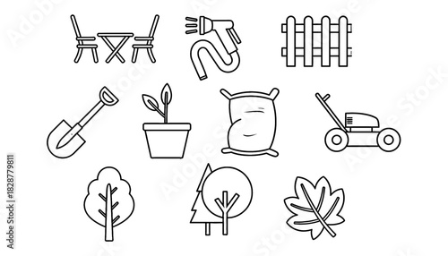 Gardening, Landscaping, and Outdoor Line Icons Set: Yard Work and Park Collection Featuring Patio Furniture, Hose, Fence, Shovel, Potted Plant, Lawn Mower, Tree, and Leaf