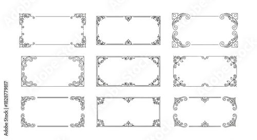 An elegant set of rectangular vintage frames with detailed and ornate filigree corners perfect for certificates and invitations.