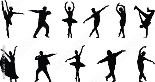 Dance silhouette collection, ballet and street poses, expressive movement icons, black figure pattern, white background illustration