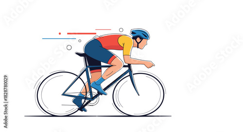 Modern illustration of a professional cyclist in colorful gear riding a racing bicycle with speed lines indicating motion.
