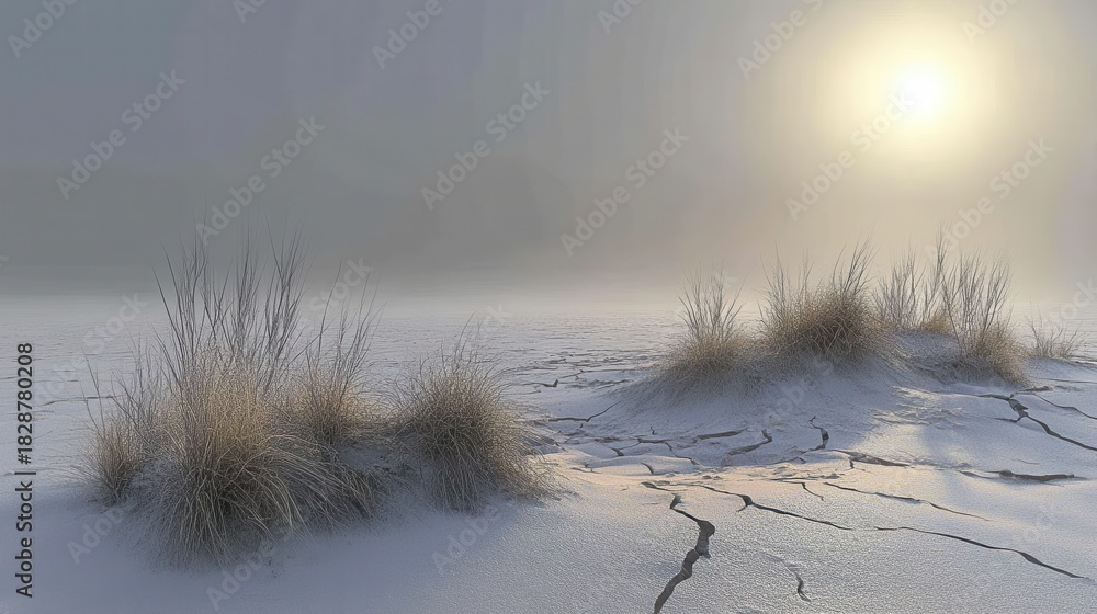 Obraz premium Sun bleached skeletal remains of dry vegetation on cracked earth in a foggy landscape with soft sunlight