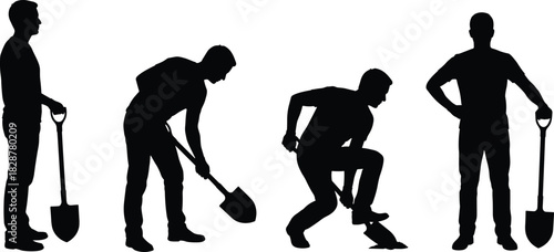 Digging silhouette sequence, shovel motion, posture, gesture, behavior, manual labor, black, minimal, abstract, people, action, concept, representation, movement, dynamic, anatomy, stance