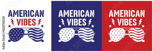 This patriotic vector graphic illustrates American vibes with aviator sunglasses adorned with stars and stripes, ideal for national holidays and designs.