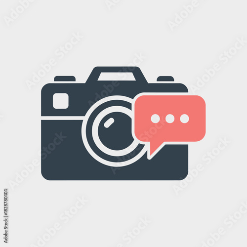 Dark grey camera icon with a red speech bubble containing an ellipsis, symbolizing photo communication or sharing.