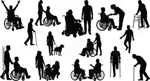 Disability inclusion silhouettes, wheelchair, walker, cane, support, assistance, healthcare, everyday life, dog walking, medical care, empathy, mobility, interaction, accessibility, aging