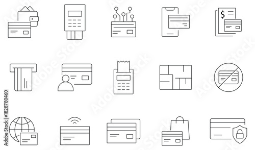 Collation of credit card icons vector. Containing wallet, secure, credit cards, money bag, payment, shopping, transfer, ATM and more. Online payment set of web icons in line style. Vector illustration