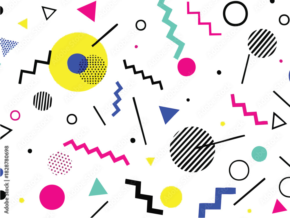 Fototapeta premium Geometric Pop Art Pattern Vibrant Shapes and Lines on White Background