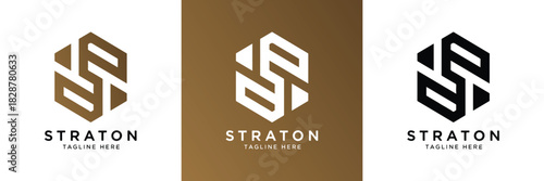 This modern abstract logo showcases a geometric hexagonal shape with interwoven S and P letters. Offered in brown, white, and black, perfect for diverse branding applications.