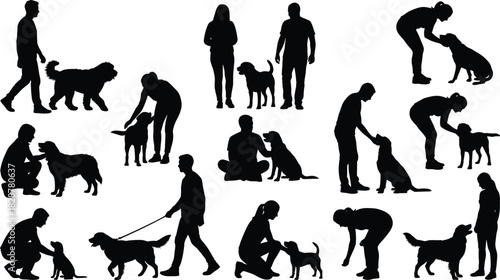 Dog interaction silhouettes, walking, petting, training, sitting, jumping, leash, care, companionship, posture, behavior, bonding, affection, obedience, motion, 