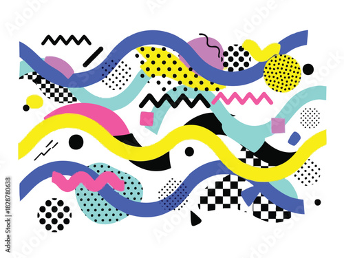 Trendy Memphis Style Pattern with Abstract Geometric Shapes and Bright Colors