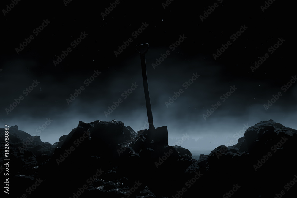 Naklejka premium 3D rendering of a shovel stuck in a dug-up mound of earth at dark night