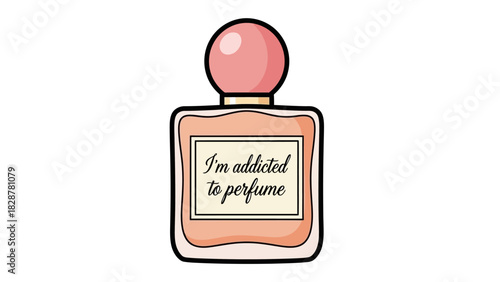 An elegantly designed illustration of a perfume bottle with a subtle peach hue, featuring a pink stopper and a label that reads 'I'm addicted to perfume'