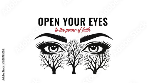 Illustrative design featuring open eyes with natural tree patterns, symbolizing profound inner vision, growth, and the spiritual strength derived from belief and awareness