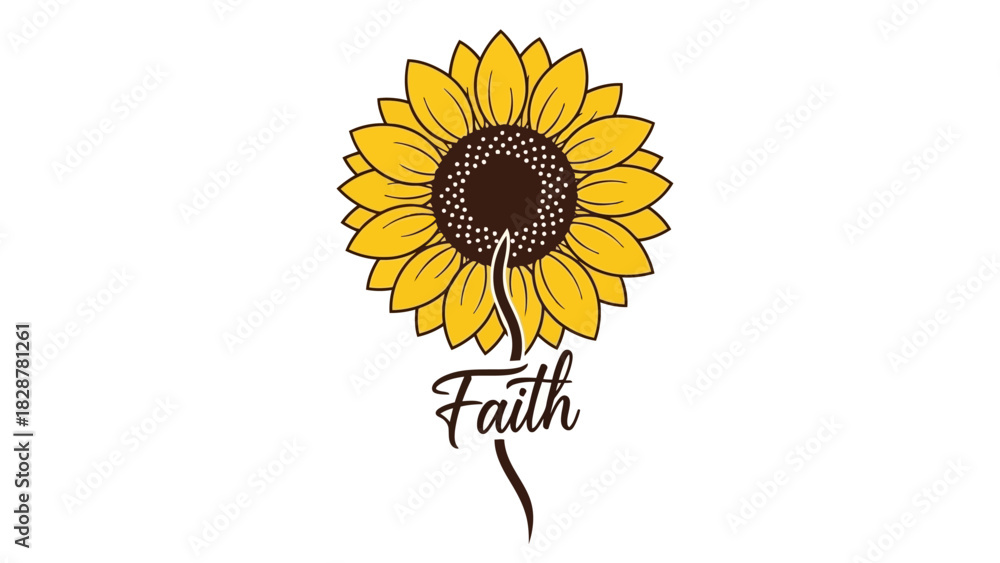 Obraz premium Yellow sunflower blossom with a calligraphic 'Faith' text, representing belief, hope, and spirituality, isolated on a white background