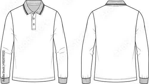 Long sleeve polo shirt technical sketch, ribbed collar and cuffs, front and back view, button placket, fashion flat, garment construction vector