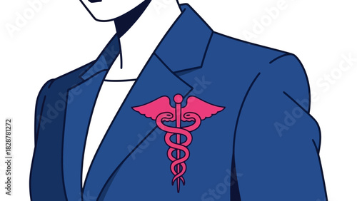 A modern graphic illustration depicting a dedicated medical professional wearing a sharp suit adorned with a vibrant pink Caduceus emblem, symbolizing healthcare and wellness in a stylized format