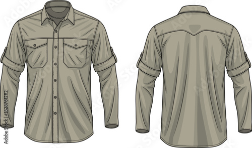 Long sleeve utility shirt vector, front and back view, rolled sleeves, chest pockets, button-up design, fashion sketch, garment technical illustration