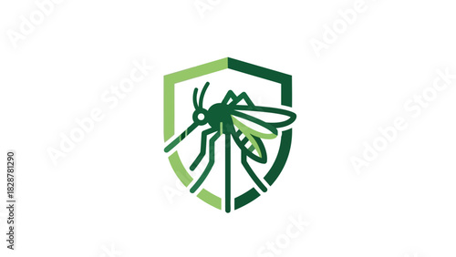 Iconic illustration featuring a mosquito contained within a robust green shield, symbolizing comprehensive insect pest control, disease prevention, and effective defense against biting bugs