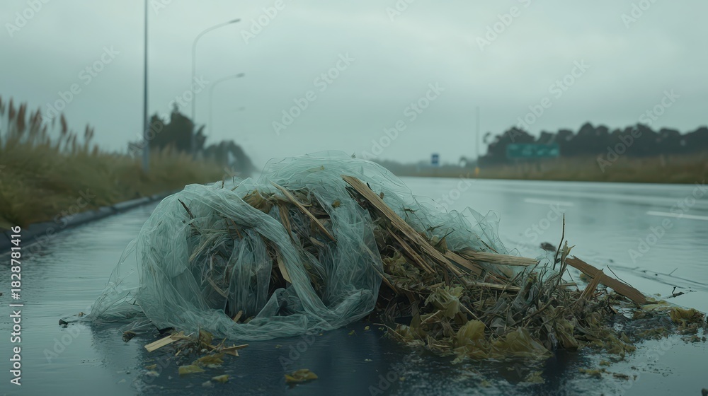 Obraz premium Tangled debris including plastic sheeting and wood accumulating on a wet road surface under an overcast sky