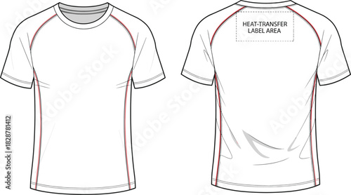 Short sleeve athletic t-shirt technical sketch, raglan sleeve sportswear design, front and back view, apparel construction, heat-transfer label area, vector illustration