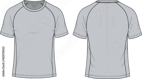 Short sleeve athletic t-shirt technical sketch, raglan sleeve sportswear design, front and back view, fashion flat, apparel construction, vector template