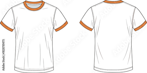 Short sleeve t-shirt vector, front and back view, contrast collar and cuffs, fashion sketch, garment technical illustration, apparel design