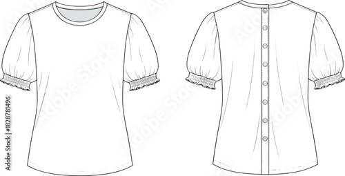 Technical blouse fashion sketch, puff sleeve design, front and back view, button-down back, garment construction, apparel template, clothing vector