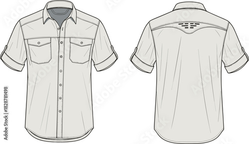 Short sleeve utility shirt vector, front and back view, chest pockets, button-up design, rolled sleeves, fashion sketch, garment technical illustration