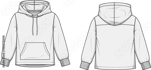 Technical hoodie flat sketch, front and back view, fashion design template, sweatshirt illustration, garment construction, apparel vector, clothing specification, unisex style