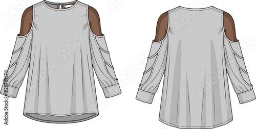 Women’s cold shoulder top vector, front and back view, pleated sleeves, fashion sketch, garment technical illustration, apparel design