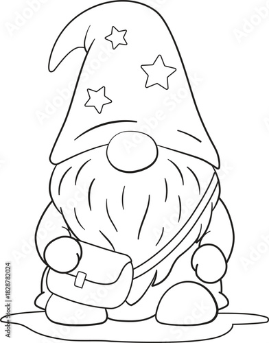 A cute gnome doodle hand drawn in black line art illustration. Gnome wearing sling bag clip art vector isolated for mascot, coloring page, character