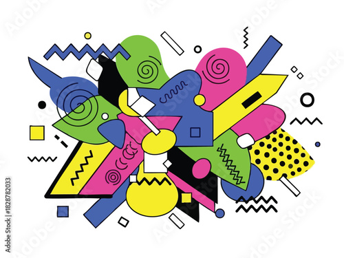 Dynamic Memphis Style Art Composition with Bright Geometric Shapes