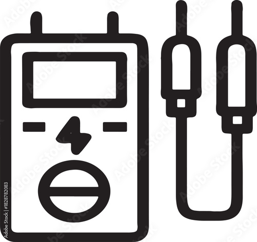 Automotive car battery tester diagnostic tool illustration with positive and negative terminals and electrical circuit elements for repair and maintenance services