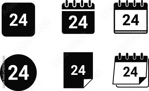 Set of calendar icons displaying the number 24, day, date, and schedule symbols Vector