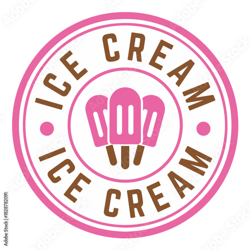 Pink and brown ice cream stamp logo with popsicle icons isolated on white background