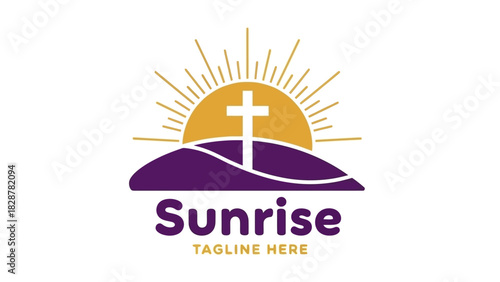 Sunrise Logo Design Cross Silhouette Above Rolling Hills with Sunburst - Spiritual Emblem