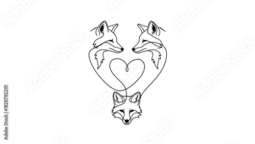 Elegant continuous line art of three foxes creating a love heart, representing family unity and affection