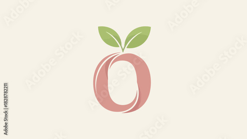A delightful peach-shaped letter O icon with subtle green leaves, perfect for branding and design