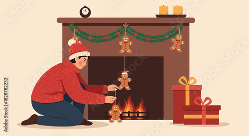 Preparing the home for the holiday season with gingerbread decorations and cozy fireplace