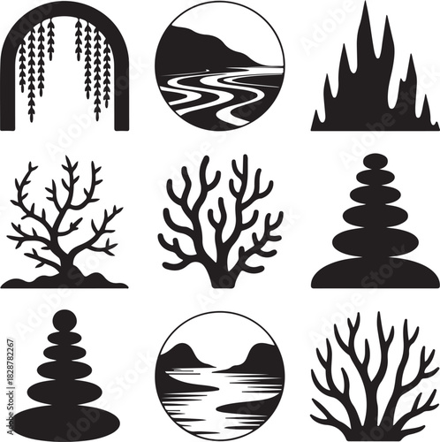 Black and white nature symbols of plants rocks and landscapes vector