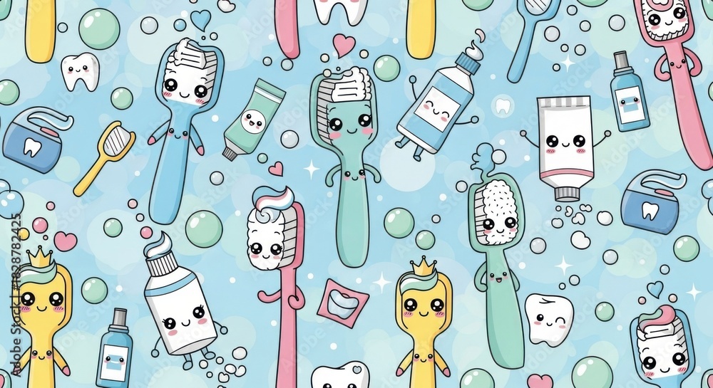 custom made wallpaper toronto digitalCute cartoon dental hygiene characters with vibrant floss and toothpaste toys in playful setting